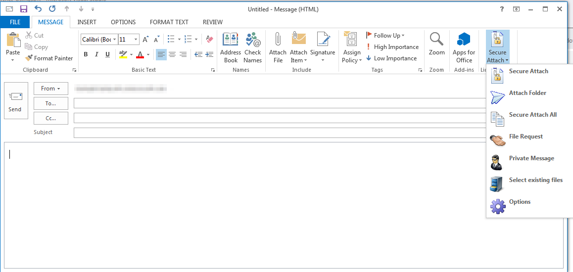 Outlook plugin secure attach dropdown
