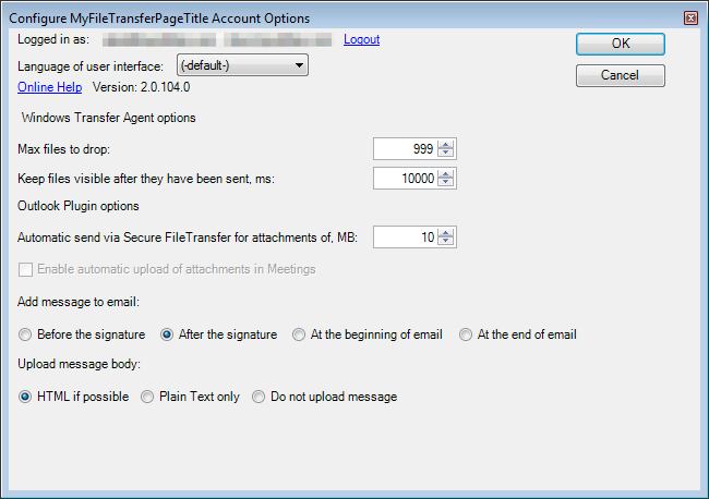 Outlook plugin settings window